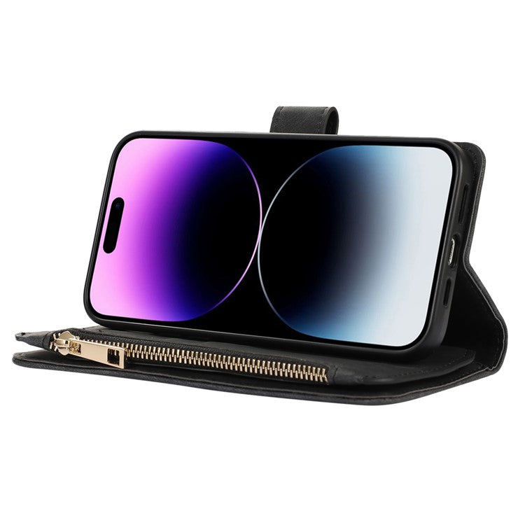 For iPhone 16 Plus Case TPU+PU Leather Zipper Pocket Wallet Phone Cover with Wrist Strap - Black