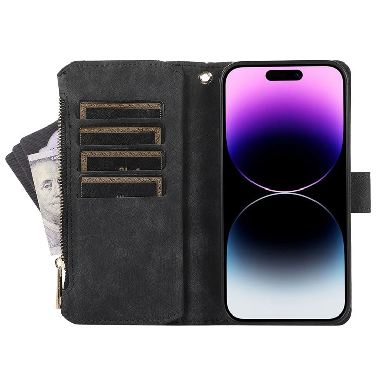 For iPhone 16 Plus Case TPU+PU Leather Zipper Pocket Wallet Phone Cover with Wrist Strap - Black