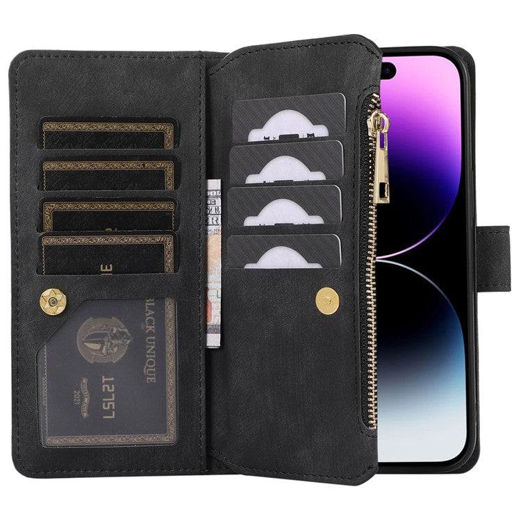 For iPhone 16 Plus Case TPU+PU Leather Zipper Pocket Wallet Phone Cover with Wrist Strap - Black