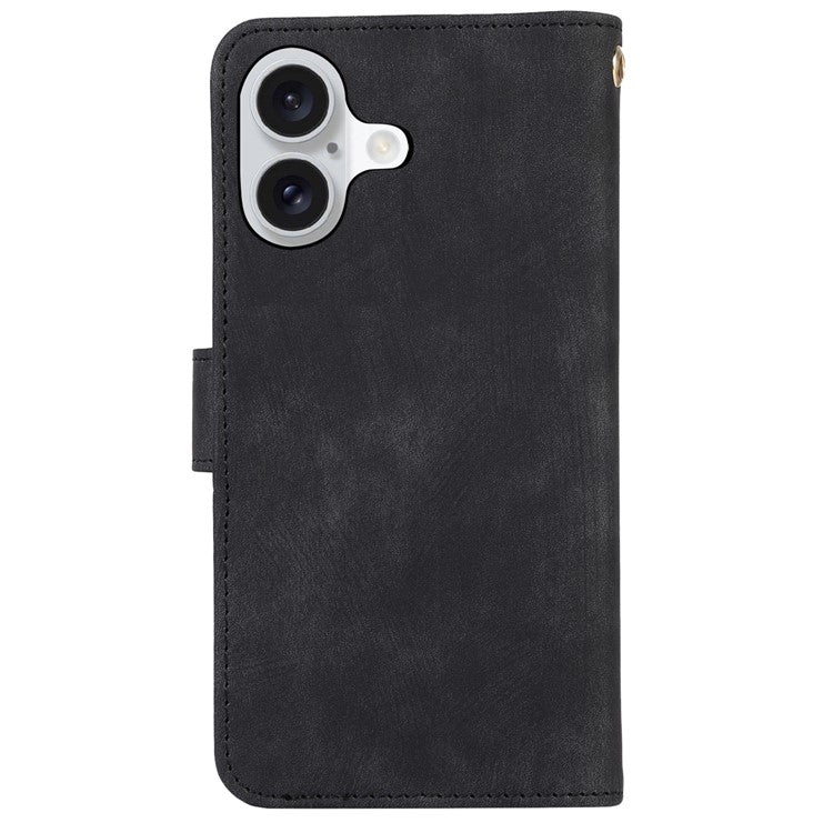 For iPhone 16 Plus Case TPU+PU Leather Zipper Pocket Wallet Phone Cover with Wrist Strap - Black