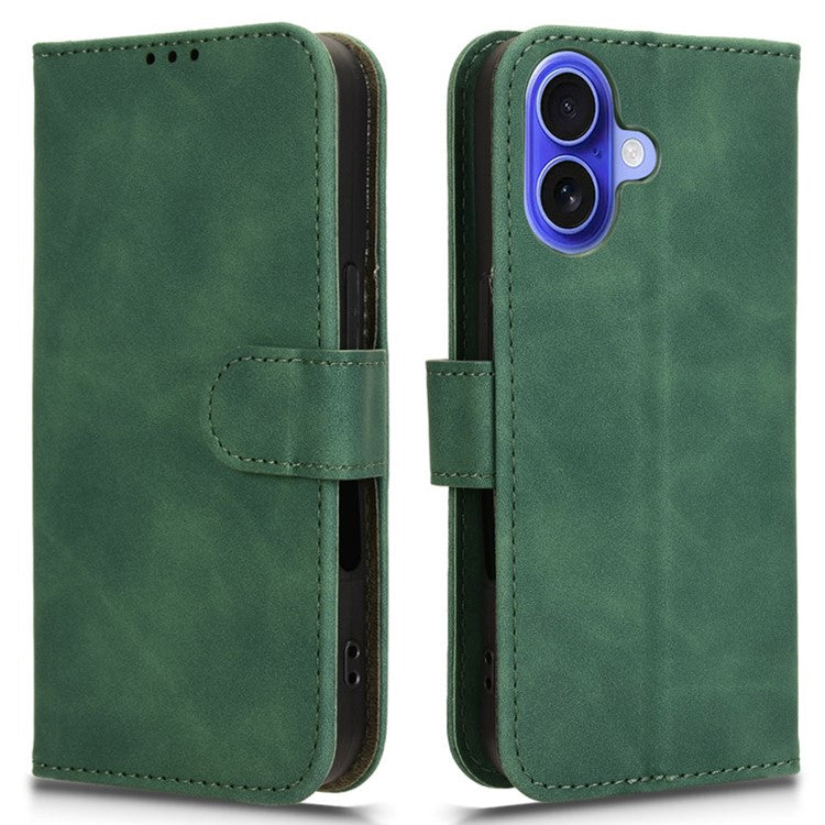 For iPhone 16 Leather Case Skin-Feel Anti-Drop Wallet Flip Phone Cover - Green