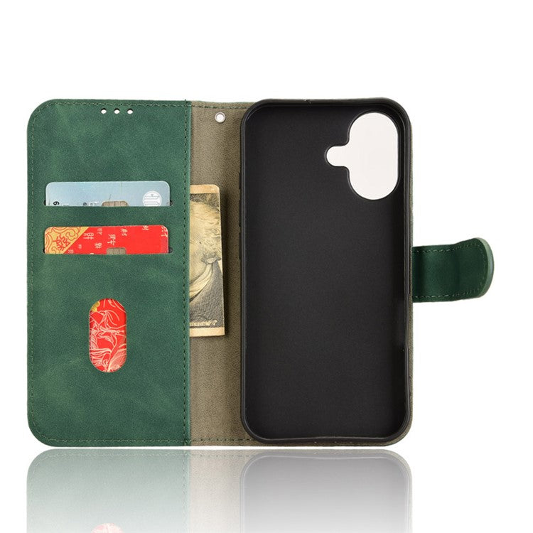 For iPhone 16 Leather Case Skin-Feel Anti-Drop Wallet Flip Phone Cover - Green