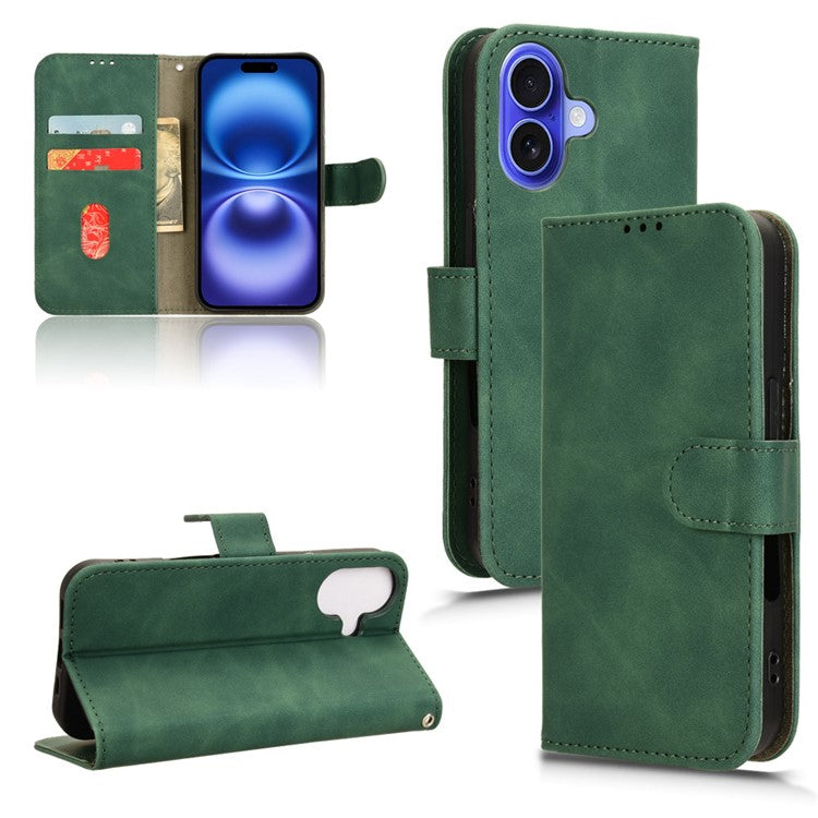 For iPhone 16 Leather Case Skin-Feel Anti-Drop Wallet Flip Phone Cover - Green