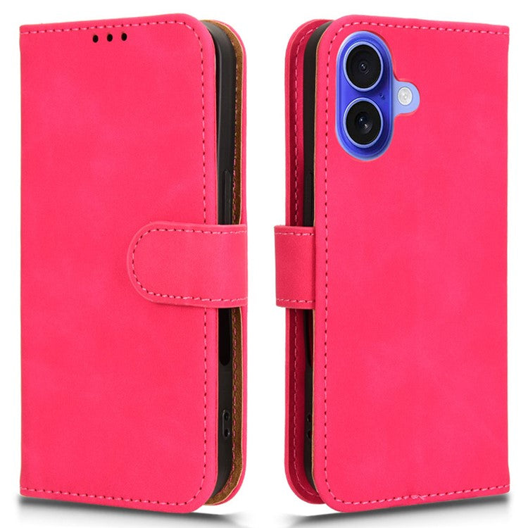 For iPhone 16 Leather Case Skin-Feel Anti-Drop Wallet Flip Phone Cover - Rose