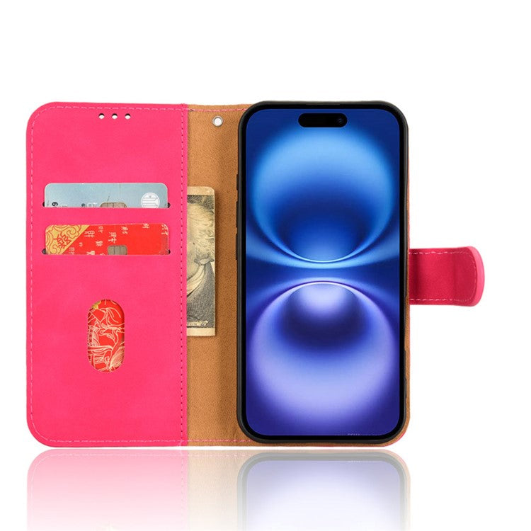 For iPhone 16 Leather Case Skin-Feel Anti-Drop Wallet Flip Phone Cover - Rose