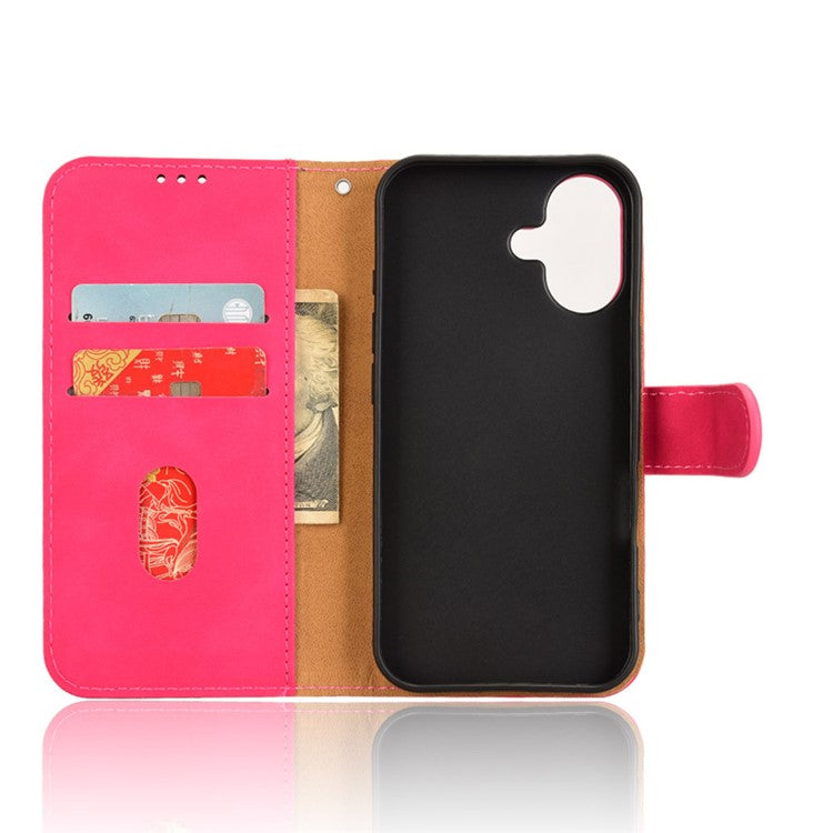 For iPhone 16 Leather Case Skin-Feel Anti-Drop Wallet Flip Phone Cover - Rose