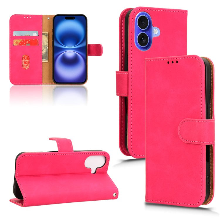 For iPhone 16 Leather Case Skin-Feel Anti-Drop Wallet Flip Phone Cover - Rose