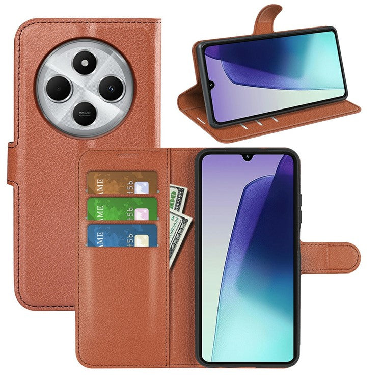 For Xiaomi Poco C75 4G / Redmi 14R 5G / 14C 4G Case Litchi Texture Shockproof Leather Wallet Phone Cover - Brown