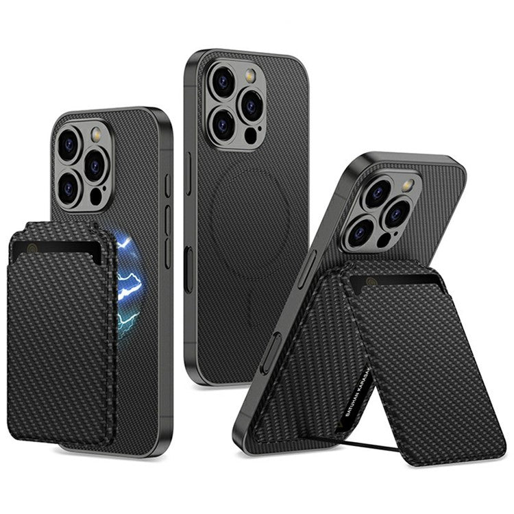 GKK For iPhone 16 Pro Case Compatible with MagSafe PU+PC Phone Shell with Card Holder Kickstand - Carbon Fiber Texture