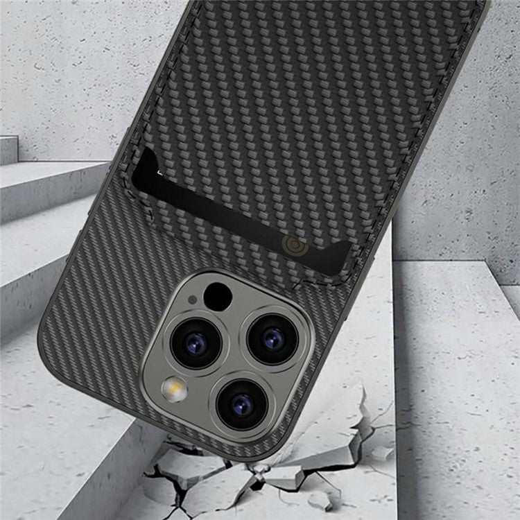 GKK For iPhone 16 Pro Case Compatible with MagSafe PU+PC Phone Shell with Card Holder Kickstand - Carbon Fiber Texture
