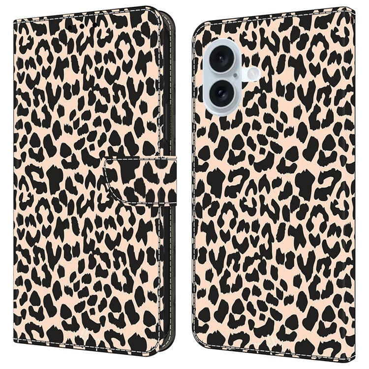 For iPhone 16 Case Pattern Printed Protective Cover TPU+PU Leather Flip Phone Case - Leopard Print
