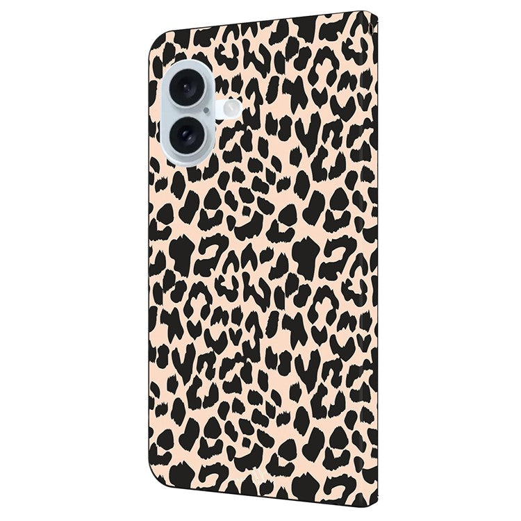 For iPhone 16 Case Pattern Printed Protective Cover TPU+PU Leather Flip Phone Case - Leopard Print