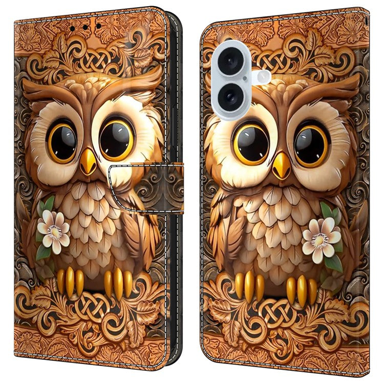 For iPhone 16 Case Pattern Printed Protective Cover TPU+PU Leather Flip Phone Case - Red Owl