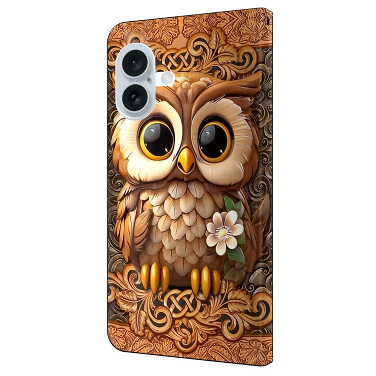 For iPhone 16 Case Pattern Printed Protective Cover TPU+PU Leather Flip Phone Case - Red Owl
