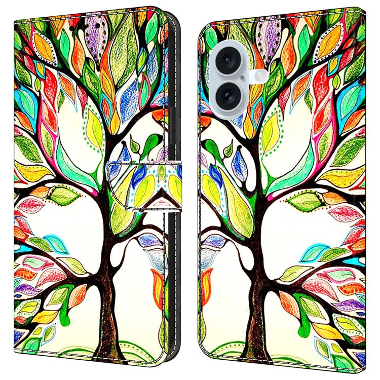 For iPhone 16 Case Pattern Printed Protective Cover TPU+PU Leather Flip Phone Case - Tree