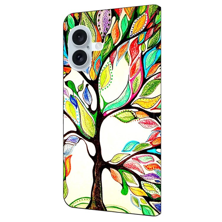 For iPhone 16 Case Pattern Printed Protective Cover TPU+PU Leather Flip Phone Case - Tree