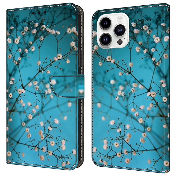 For iPhone 16 Pro Case Pattern Printed Protective Cover TPU+PU Leather Flip Phone Case - Flower Branch