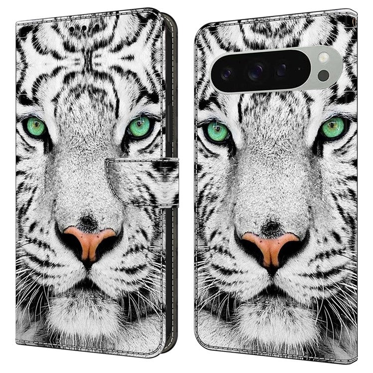 For Google Pixel 9 / Google Pixel 9 Pro Case Pattern Printed Protective Cover TPU+PU Leather Flip Phone Case - Tiger Face
