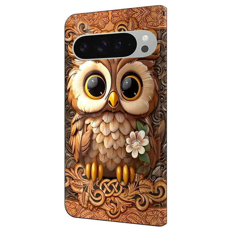For Google Pixel 9 / Google Pixel 9 Pro Case Pattern Printed Protective Cover TPU+PU Leather Flip Phone Case - Red Owl