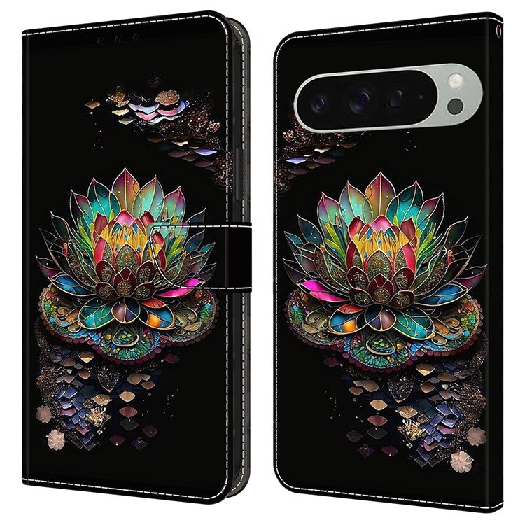 For Google Pixel 9 / Google Pixel 9 Pro Case Pattern Printed Protective Cover TPU+PU Leather Flip Phone Case - Lotus