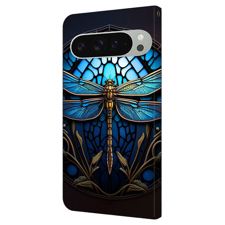 For Google Pixel 9 Pro XL Case Pattern Printed Protective Cover TPU+PU Leather Flip Phone Case - Blue Dragonfly