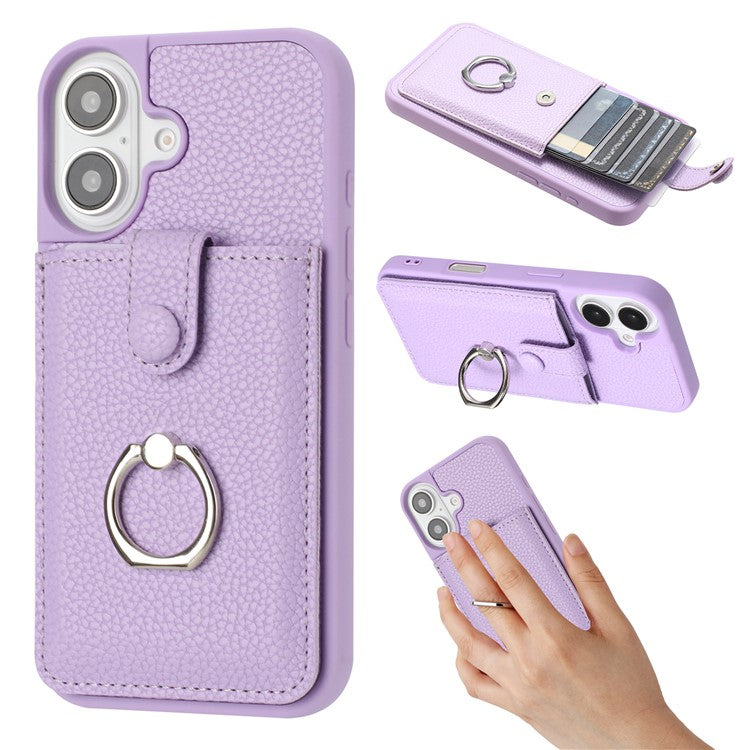For iPhone 16 Plus Case Drawing Type Card Slots Litchi Texture Leather Back Cover with Ring Kickstand - Purple