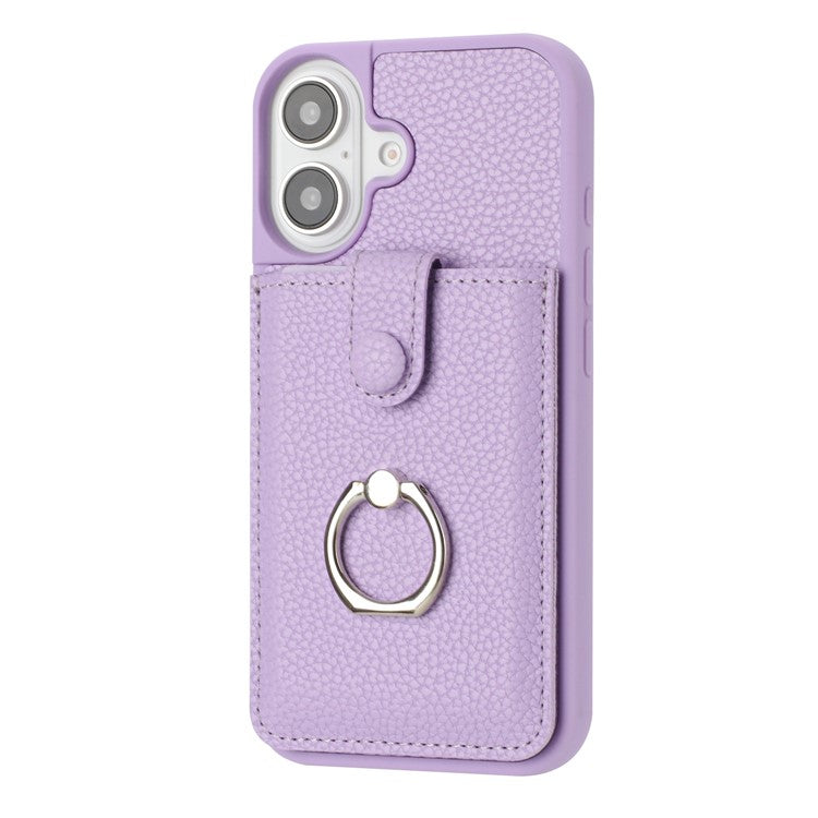 For iPhone 16 Plus Case Drawing Type Card Slots Litchi Texture Leather Back Cover with Ring Kickstand - Purple
