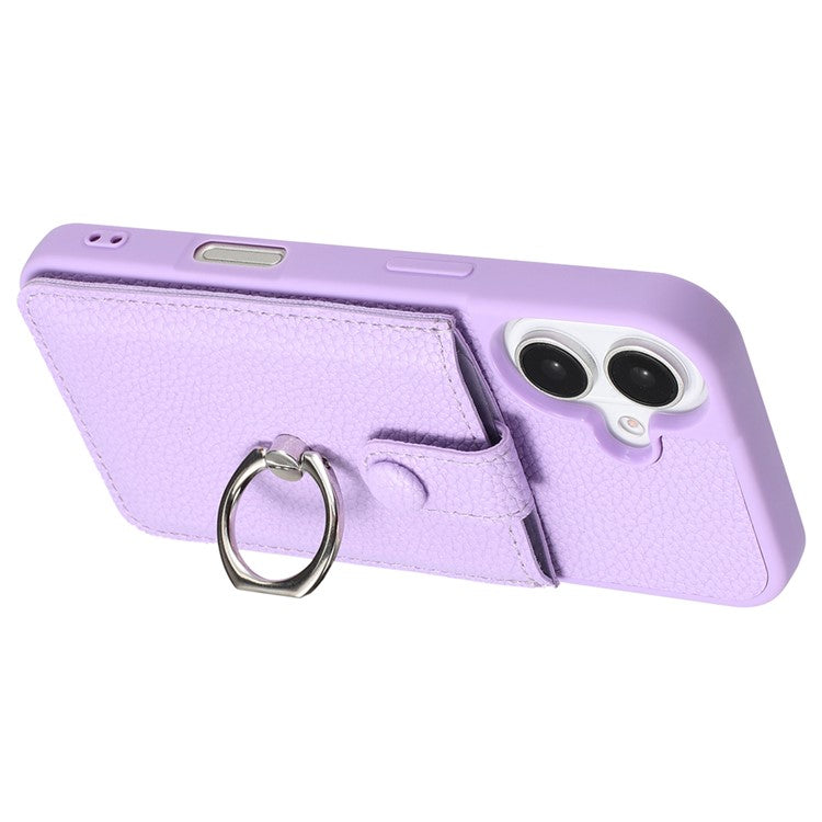 For iPhone 16 Plus Case Drawing Type Card Slots Litchi Texture Leather Back Cover with Ring Kickstand - Purple