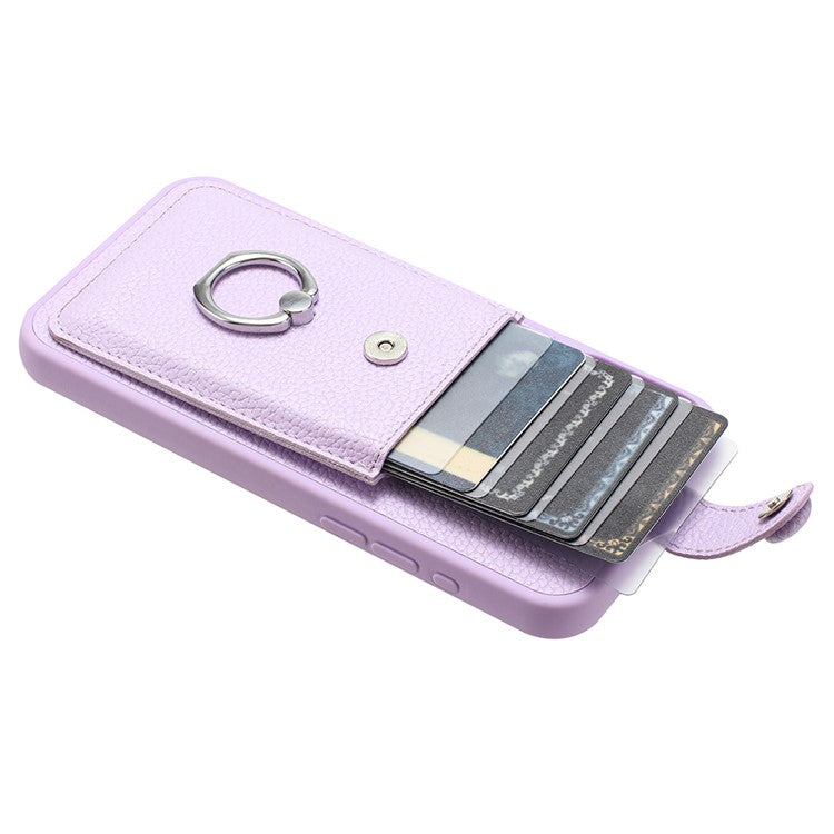 For iPhone 16 Plus Case Drawing Type Card Slots Litchi Texture Leather Back Cover with Ring Kickstand - Purple