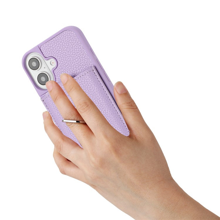 For iPhone 16 Plus Case Drawing Type Card Slots Litchi Texture Leather Back Cover with Ring Kickstand - Purple