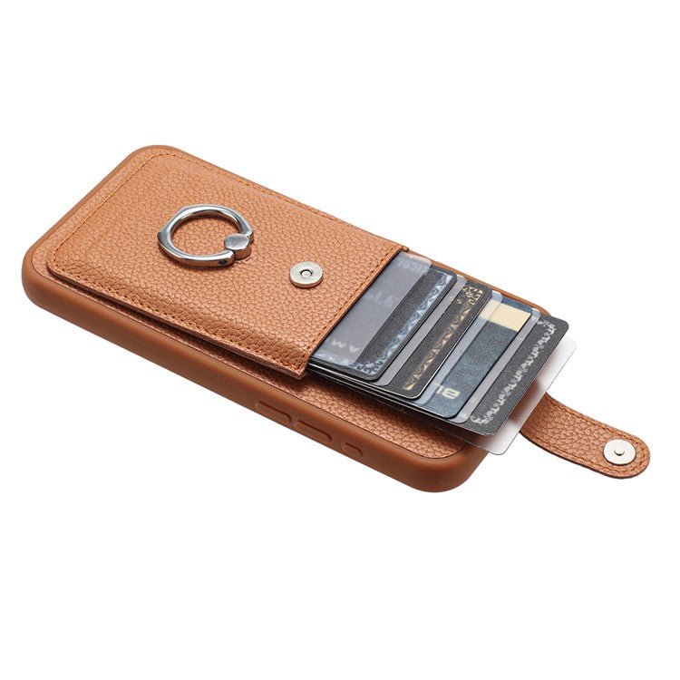 For iPhone 16 Plus Case Drawing Type Card Slots Litchi Texture Leather Back Cover with Ring Kickstand - Brown