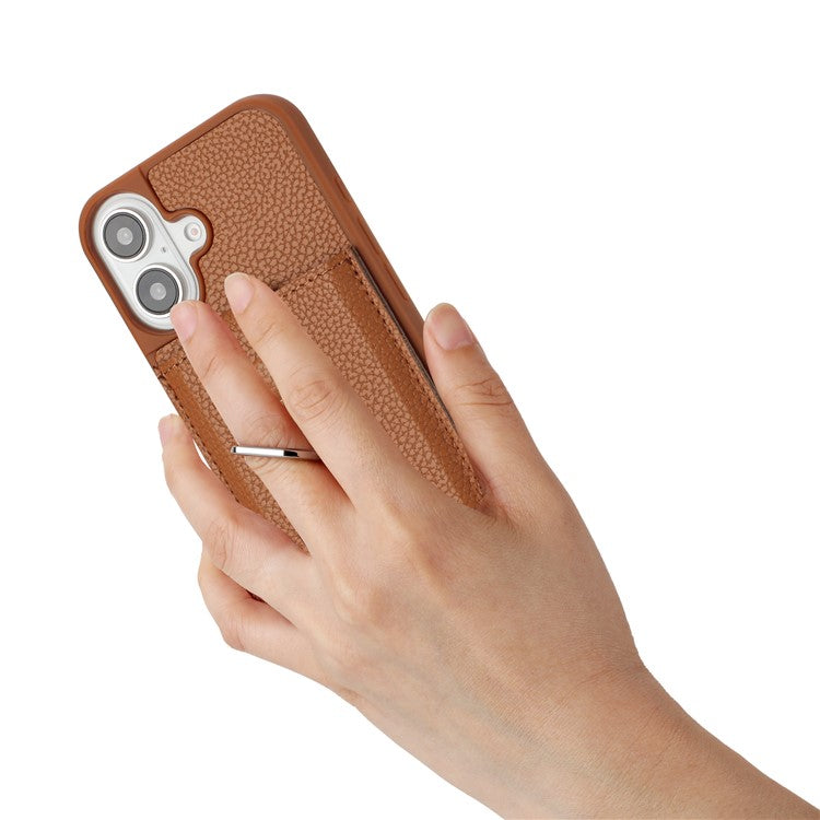 For iPhone 16 Plus Case Drawing Type Card Slots Litchi Texture Leather Back Cover with Ring Kickstand - Brown