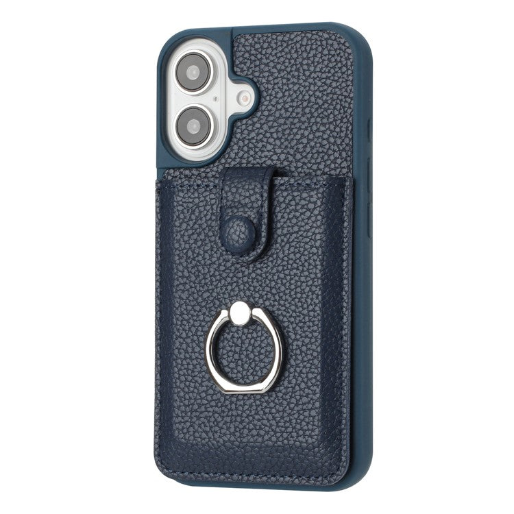 For iPhone 16 Case Drawing Type Card Slots Litchi Texture Leather Back Cover with Ring Kickstand - Blue