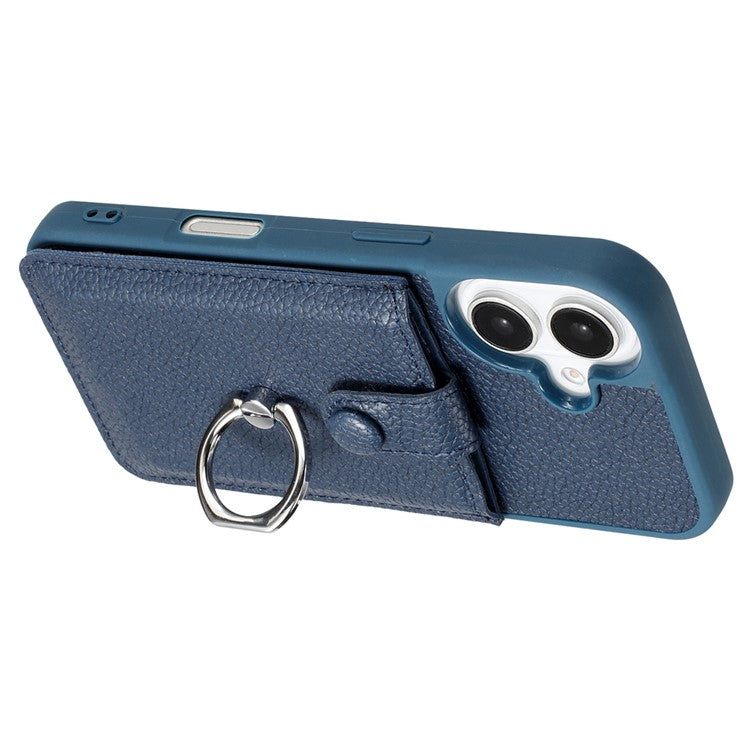 For iPhone 16 Case Drawing Type Card Slots Litchi Texture Leather Back Cover with Ring Kickstand - Blue