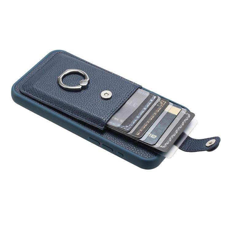 For iPhone 16 Case Drawing Type Card Slots Litchi Texture Leather Back Cover with Ring Kickstand - Blue