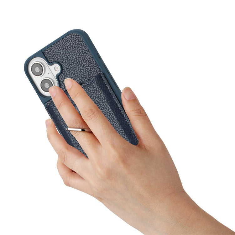 For iPhone 16 Case Drawing Type Card Slots Litchi Texture Leather Back Cover with Ring Kickstand - Blue