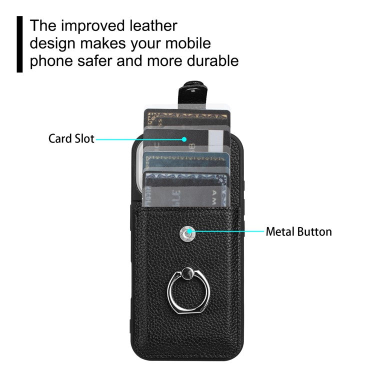 For iPhone 16 Case Drawing Type Card Slots Litchi Texture Leather Back Cover with Ring Kickstand - Blue