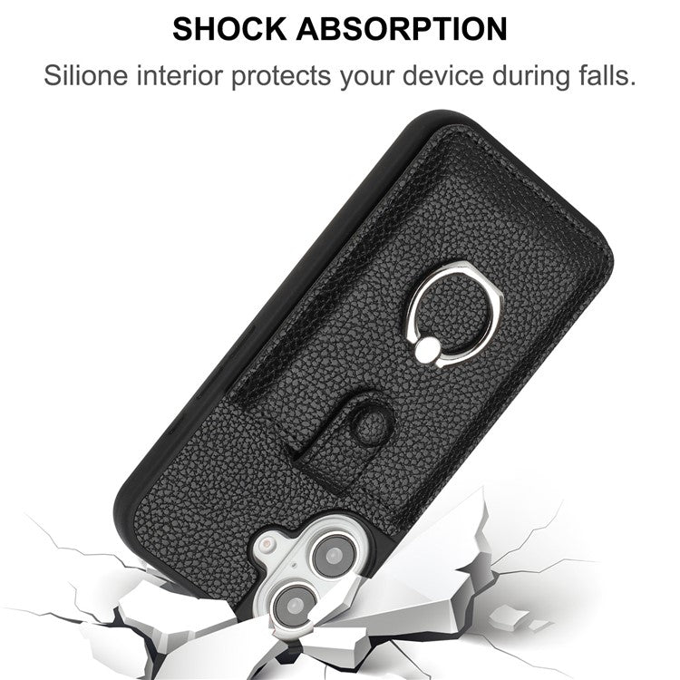 For iPhone 16 Case Drawing Type Card Slots Litchi Texture Leather Back Cover with Ring Kickstand - Blue