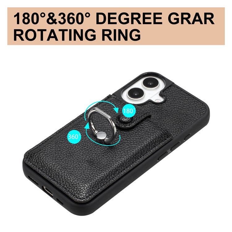 For iPhone 16 Case Drawing Type Card Slots Litchi Texture Leather Back Cover with Ring Kickstand - Blue