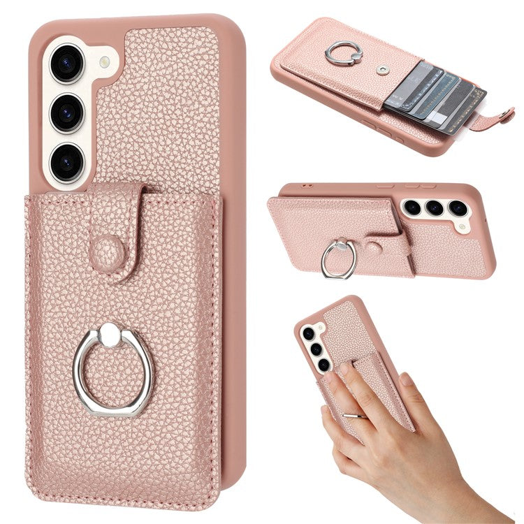 For Samsung Galaxy S23+ Case Drawing Type Card Slots Litchi Texture Leather Back Cover with Ring Kickstand - Rose Gold