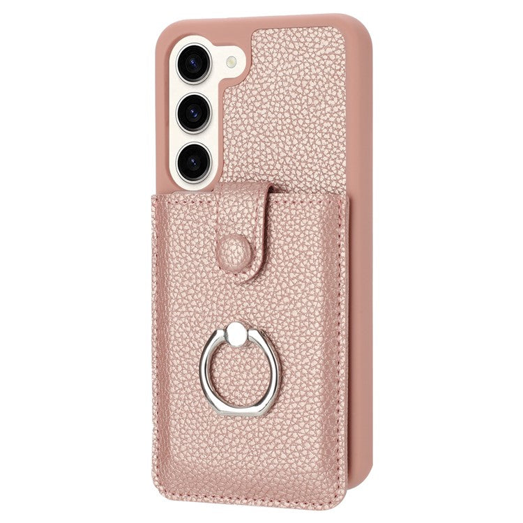 For Samsung Galaxy S23+ Case Drawing Type Card Slots Litchi Texture Leather Back Cover with Ring Kickstand - Rose Gold
