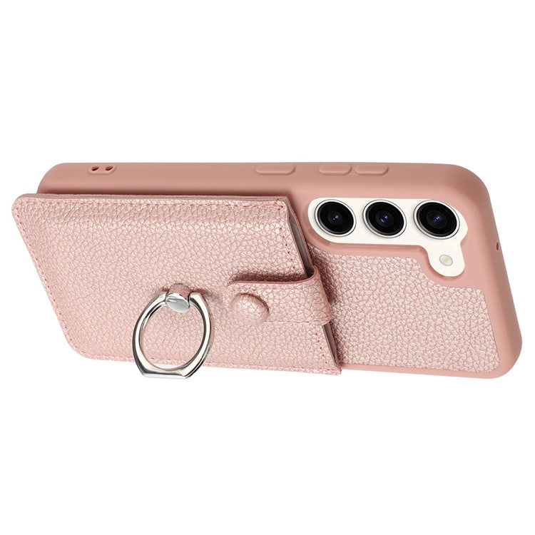 For Samsung Galaxy S23+ Case Drawing Type Card Slots Litchi Texture Leather Back Cover with Ring Kickstand - Rose Gold