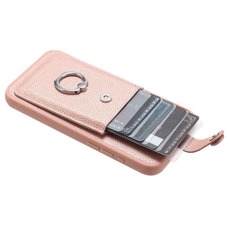 For Samsung Galaxy S23+ Case Drawing Type Card Slots Litchi Texture Leather Back Cover with Ring Kickstand - Rose Gold