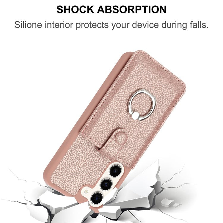 For Samsung Galaxy S23+ Case Drawing Type Card Slots Litchi Texture Leather Back Cover with Ring Kickstand - Rose Gold