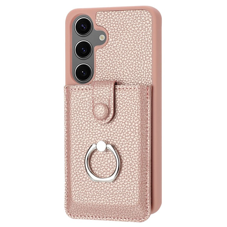 For Samsung Galaxy S24+ Case Drawing Type Card Slots Litchi Texture Leather Back Cover with Ring Kickstand - Rose Gold