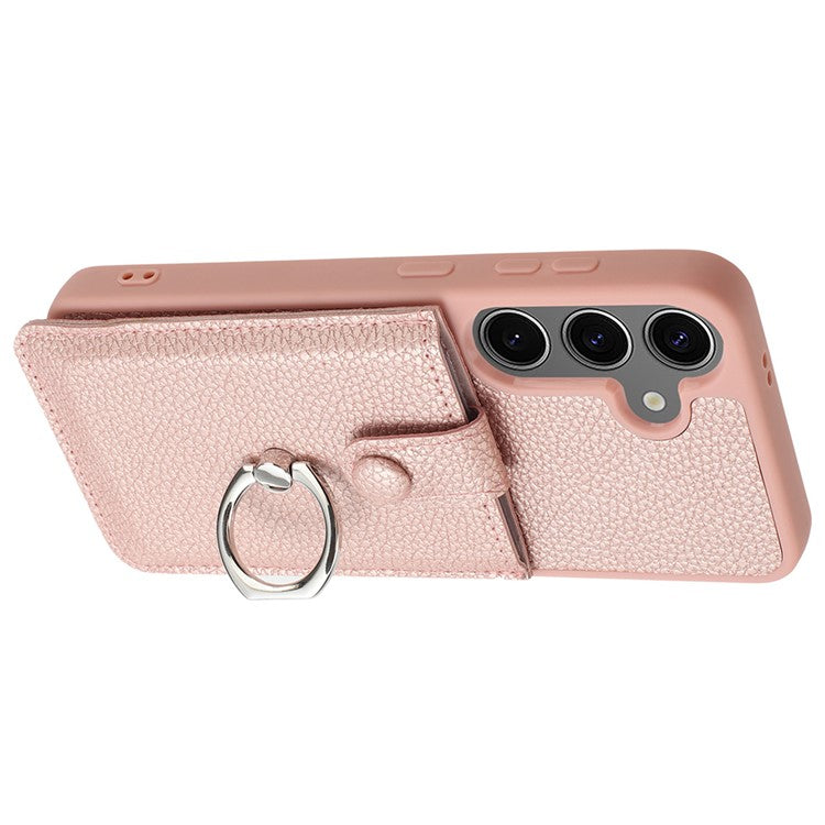 For Samsung Galaxy S24+ Case Drawing Type Card Slots Litchi Texture Leather Back Cover with Ring Kickstand - Rose Gold