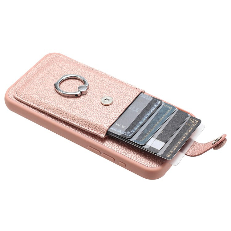 For Samsung Galaxy S24+ Case Drawing Type Card Slots Litchi Texture Leather Back Cover with Ring Kickstand - Rose Gold