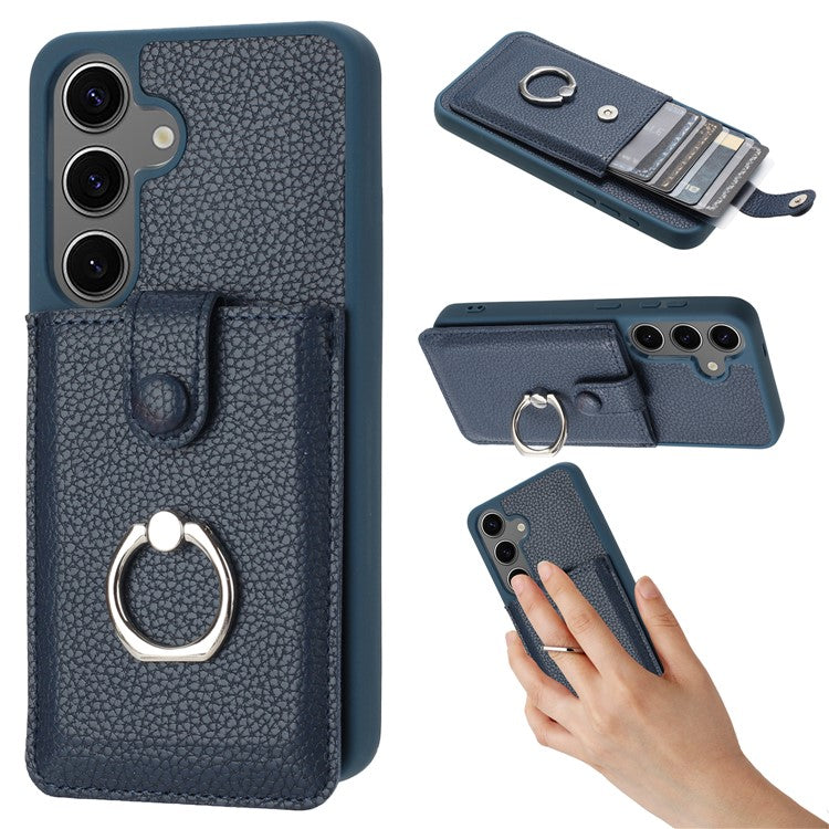 For Samsung Galaxy S24+ Case Drawing Type Card Slots Litchi Texture Leather Back Cover with Ring Kickstand - Blue