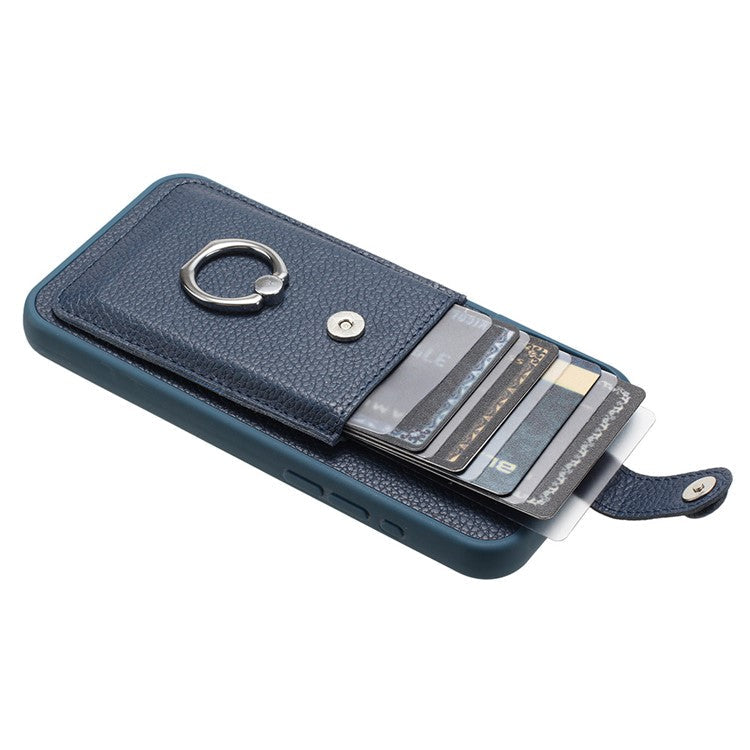 For Samsung Galaxy S24+ Case Drawing Type Card Slots Litchi Texture Leather Back Cover with Ring Kickstand - Blue