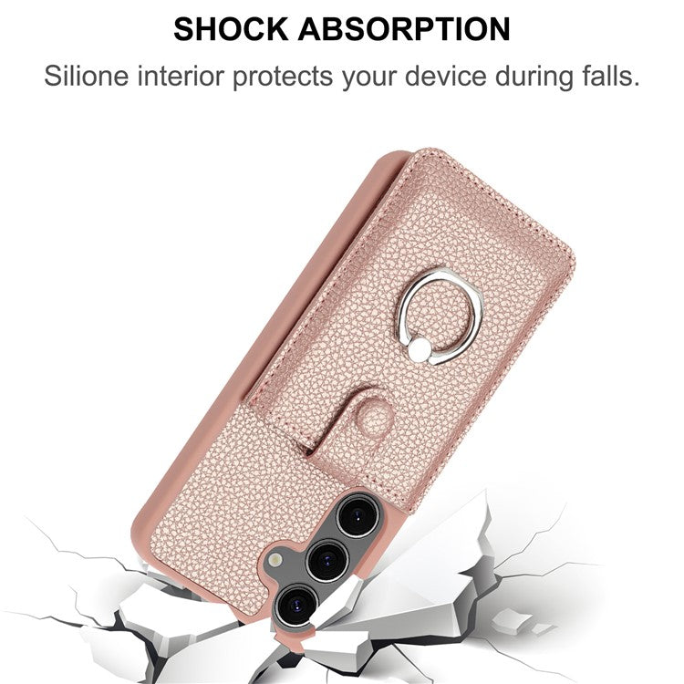 For Samsung Galaxy S24+ Case Drawing Type Card Slots Litchi Texture Leather Back Cover with Ring Kickstand - Blue